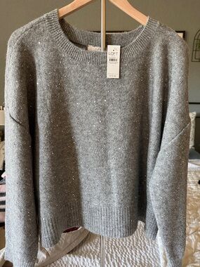 LOFT Gray Sequin Crew Neck Sweater